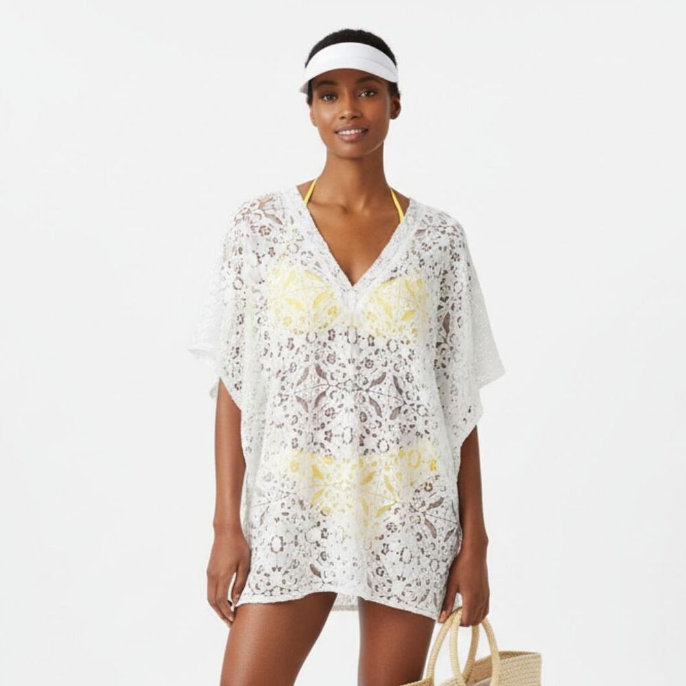 Anna & Ava White Crochet Lace Sheer Short Sleeve Swim Suit Cover Up Tunic Top OS